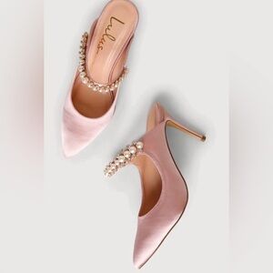 Lulu's Pink Satin Pearl-Embellished Pointed-Toe Mules